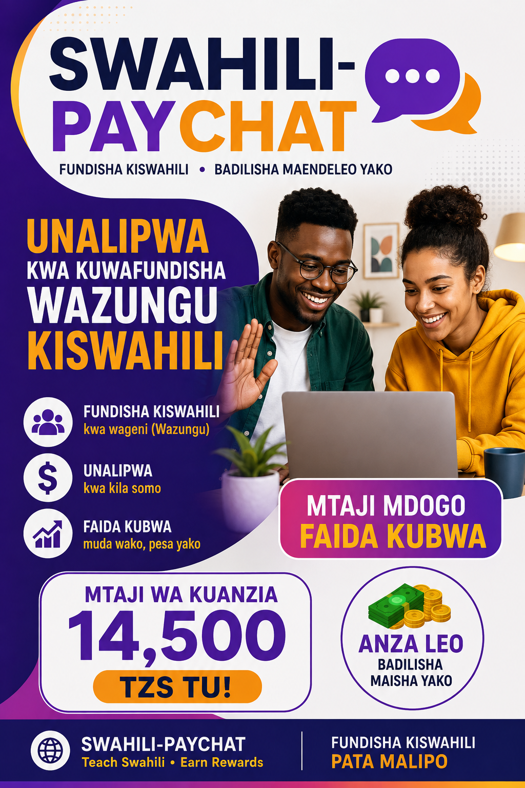 Swahili-paychat — fundisha Kiswahili, ulipwe. Mtaji wa kuanzia 14,500 TZS